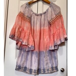 Audrey Lane Womens Tie Dye Boho Off Shoulder Blouse Crochet Lace Ruffle Sleeve L